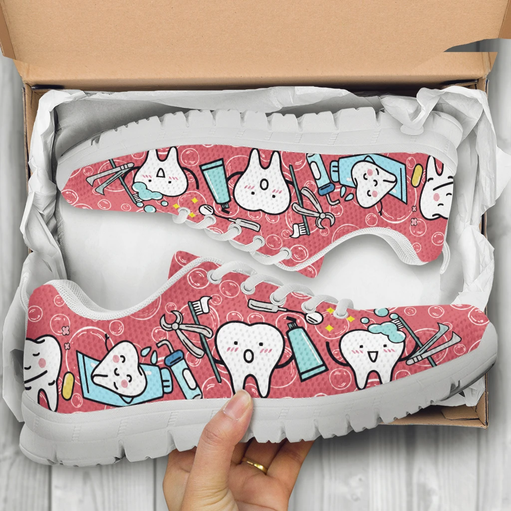 INSTANTARTS Pink Dental Teeth Prints Casual Women Shoes Flats Sneakers Air Mesh Comfortable Ladies Footwer Cartoon Zapatos Mujer