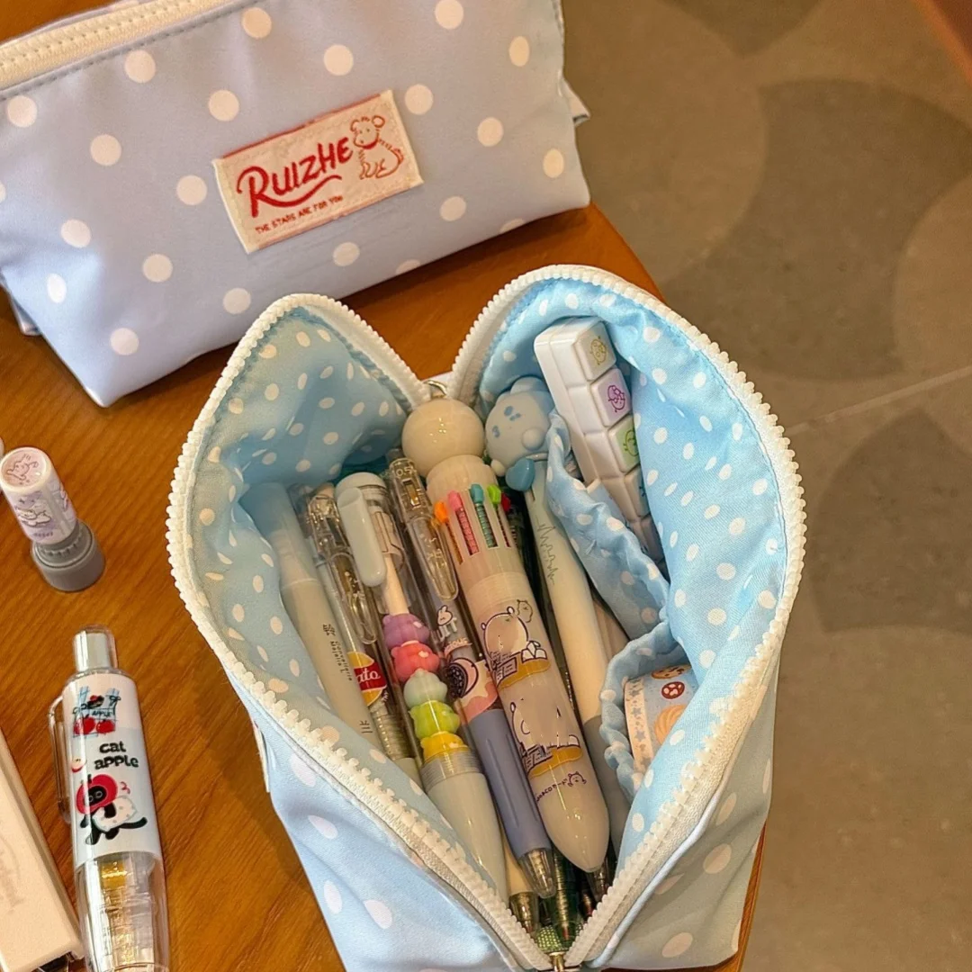 Multi functional pencil case, polka dot large capacity stationery bag, makeup brush storage bag, portable travel makeup bag