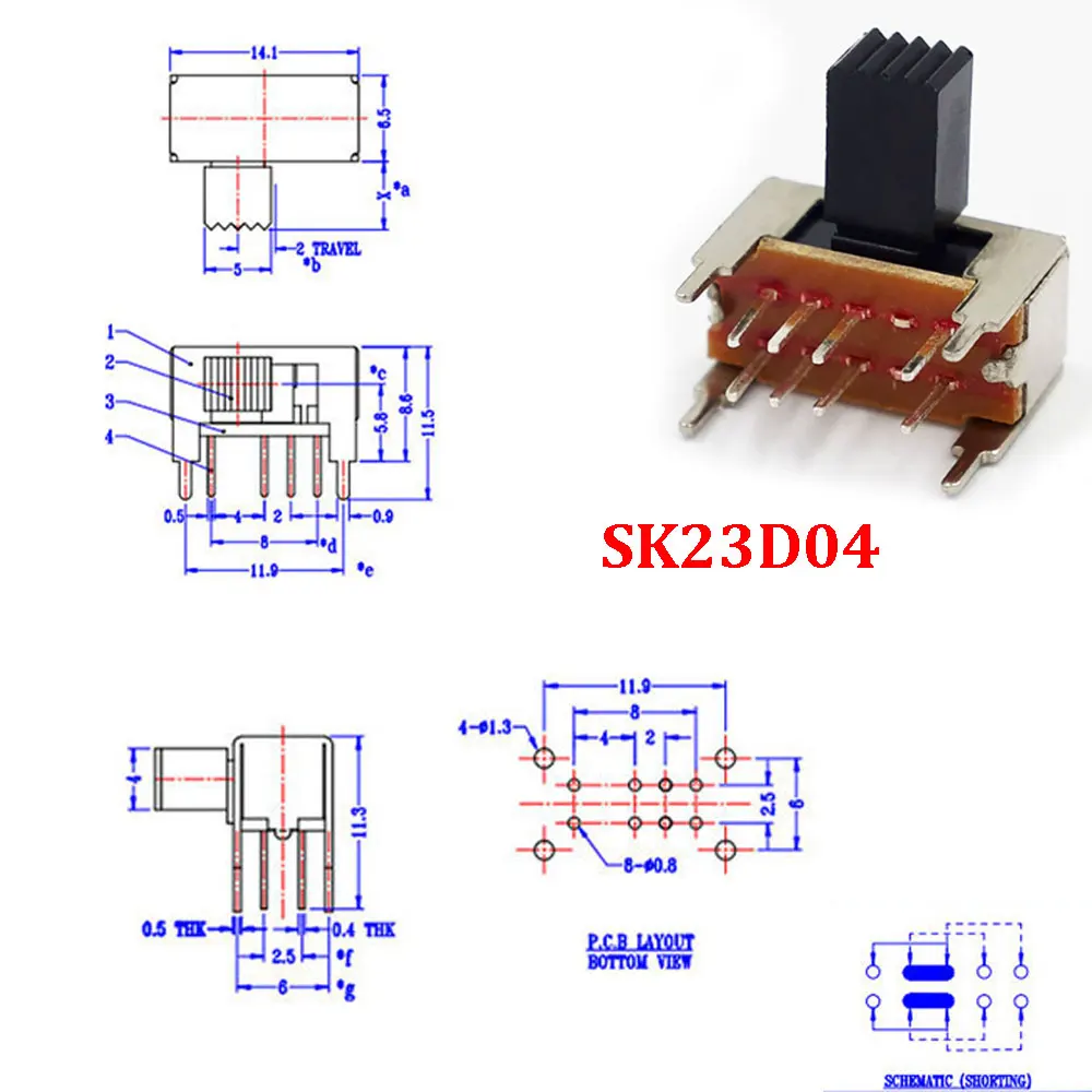 5PCS SK-23D04 side dial toggle switch SK-23D29 8-pin horizontal 3-speed audio amplifier switch SK23D04 Toggle Sliding Switch