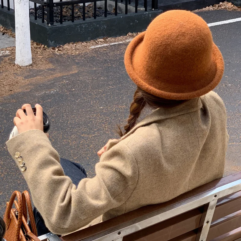 

Autumn Winter Korean Edition Style Solid Color Dome Curled Edge Bucket Hats for Women Travel Photography Leisure Versatile Hat