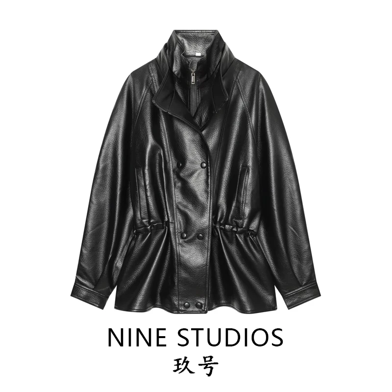 Fashionable Double Layer Collar Pleated Waist Cinching mid Length Jacket Coat Leather Outerwear Loose Women's Clothing