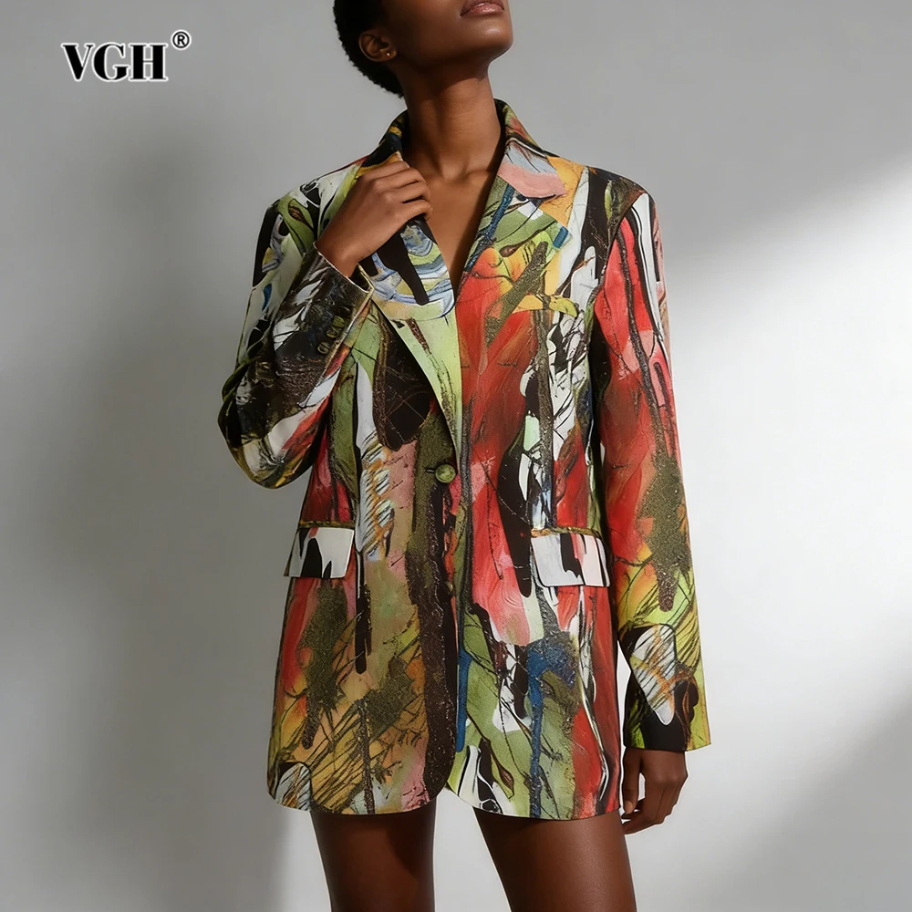 

VGH Design Sense Printing Slimming Blazers For Women V Neck Long Sleeve Spliced Button Autumn Chic Jacket Female Fashion Style