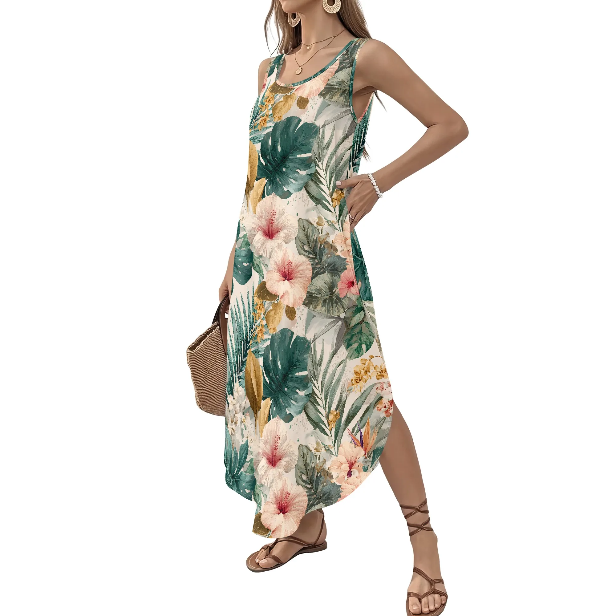 Tropical Print, Sleeveless Maxi Dress, Floral Pattern Beach Wear, Summer Style Vacation Outfit, Casual Fit for Women, S-2XL