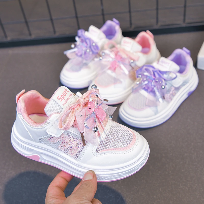 Girls Sports Shoes Mesh Breathable Kids Casual Shoes Hook&loop Soft Sole 2026 Brand New Children Princess Shoes Sweet Lace Bows