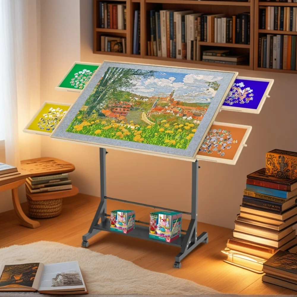

Wooden 1500 Piece Puzzle Table with Drawer, 35"*27.17" Adjustable Puzzle Table, 360° Tilting Puzzle Table with Legs and Wheels