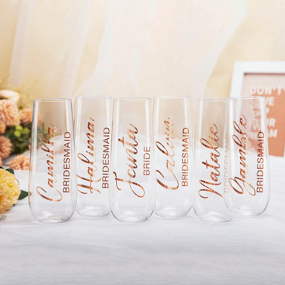 Personalized Plastic Champagne Flute, Stemless, Custom, Wedding, Bridal Party, Maid of Honor, Birthday Gift, 9oz