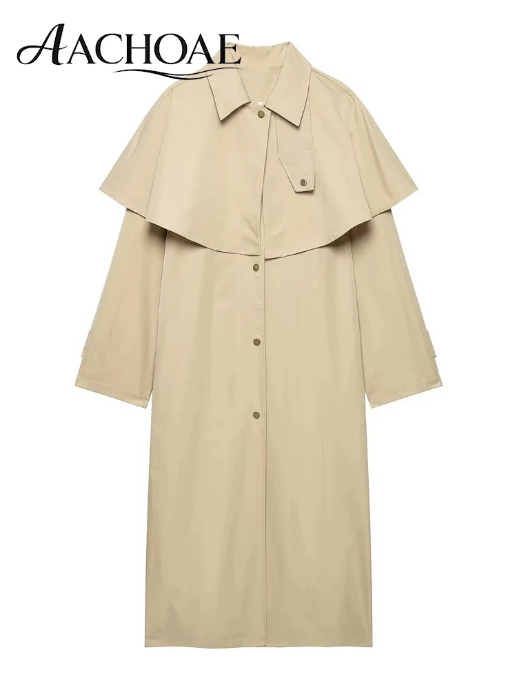 AACHOAE Women Cape Trench Coat Long Sleeve Turn Down Collar Loose Storm Flap Long Coat Elegant Minimalist Casual Outerwear