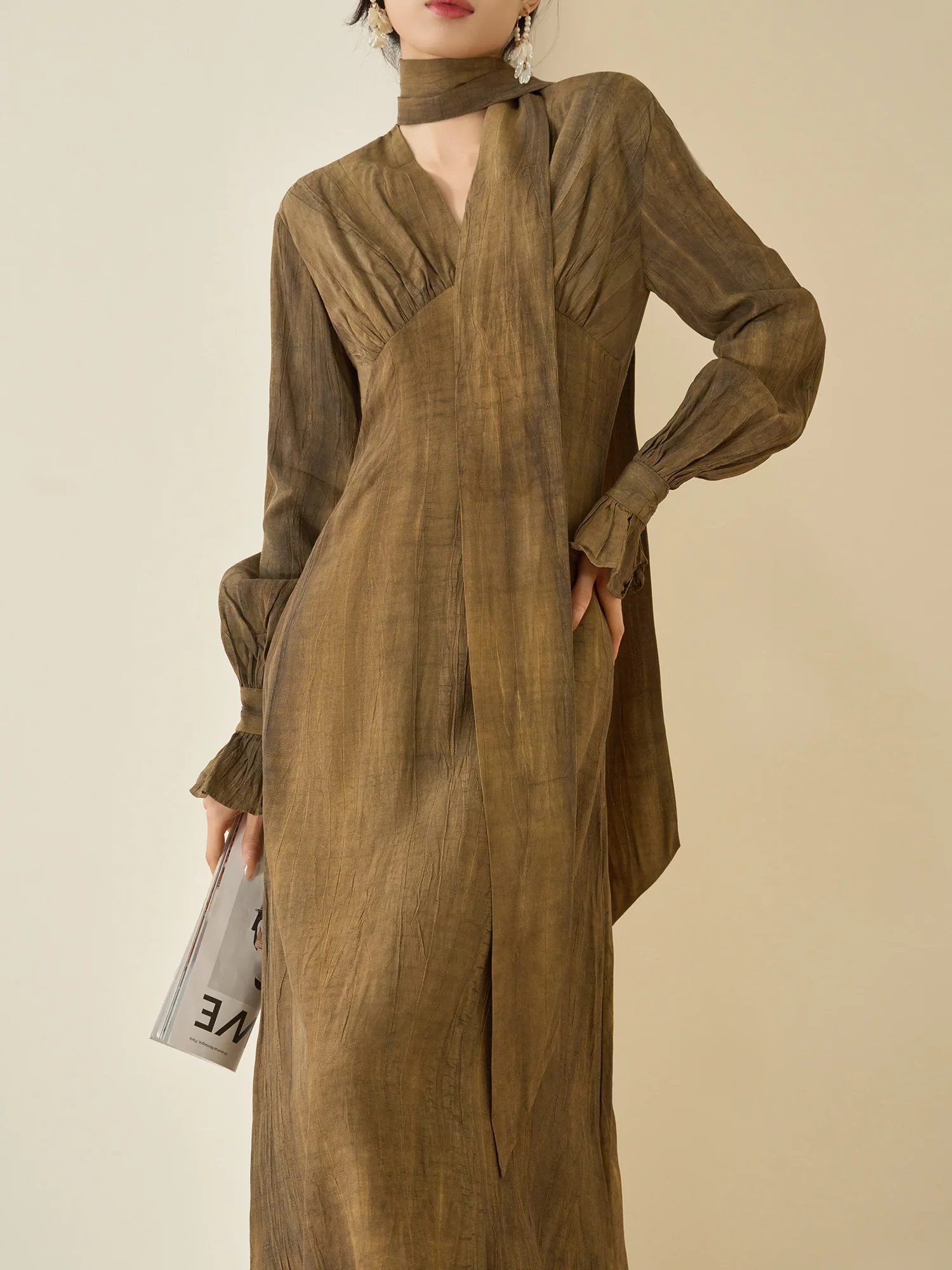 

Ele V-ne Long Sve Dr Women's Spring New Sle Flowing Era Gathered Waistline Maxi Dr French Sle Ci Commute