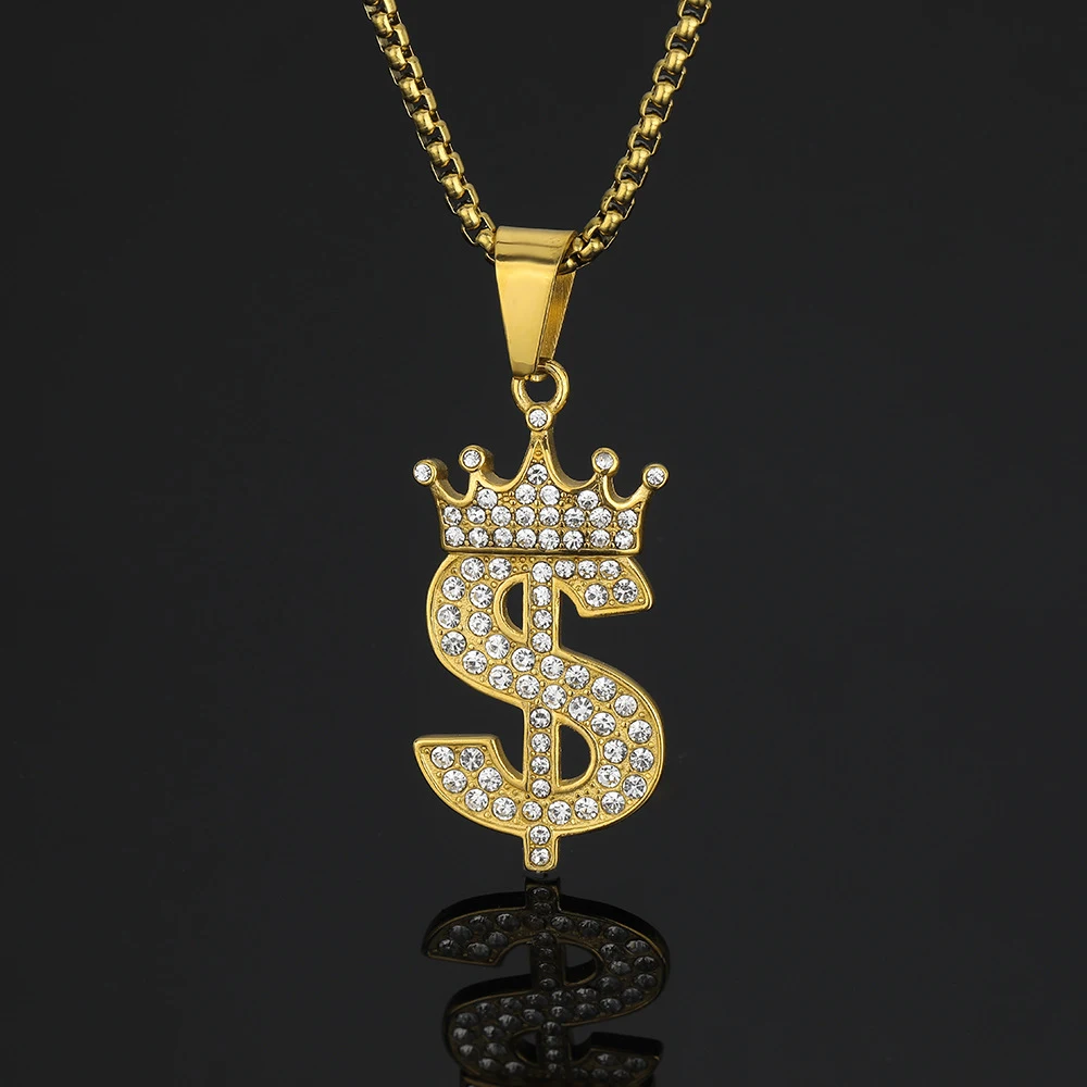 Hip Hop Fashion Crown Dollar Signs Iced Out Shiny CZ Pendant Woman Gold Color Stainless Steel Money Necklace for Man Jewelry
