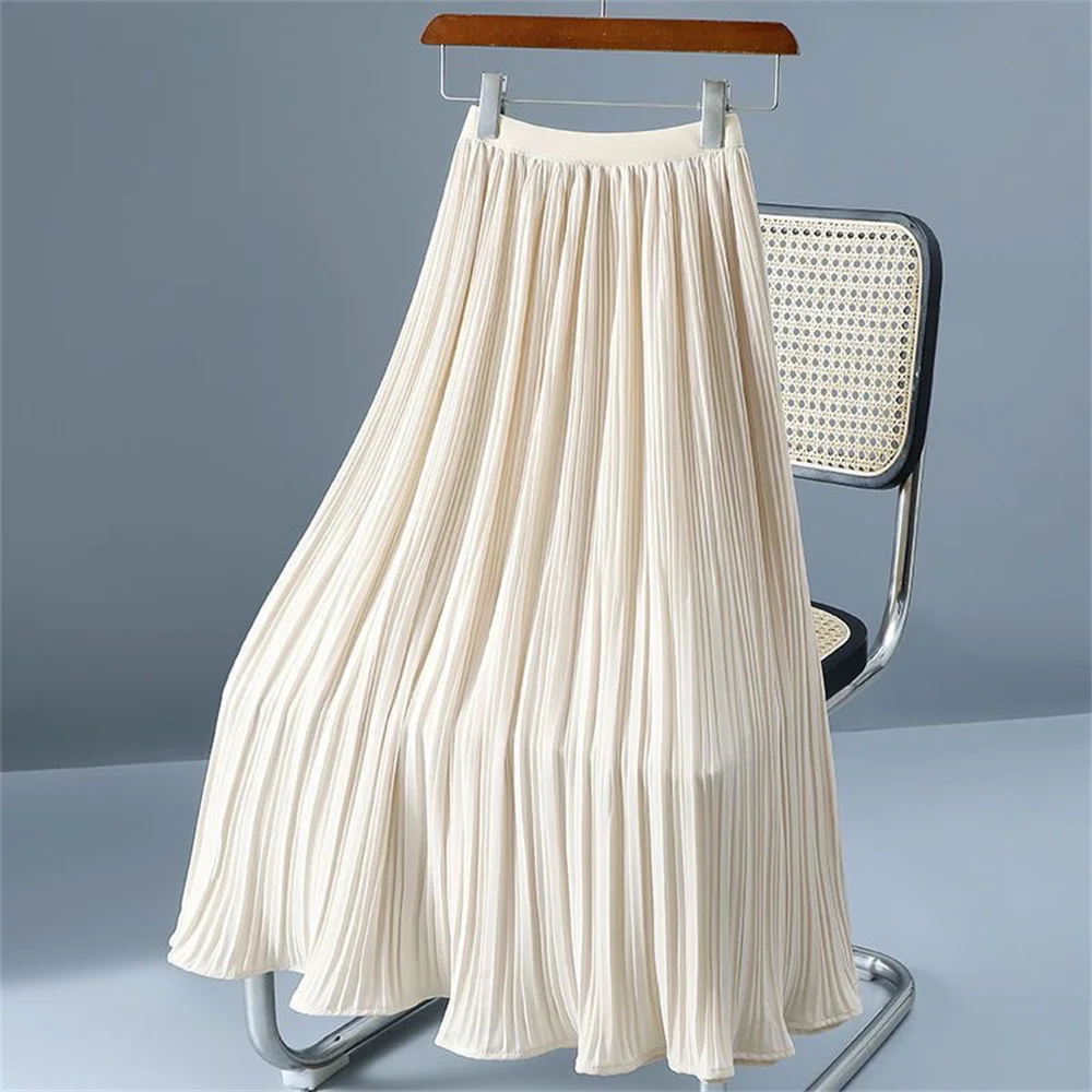 Chiffon Plissierter Rock Elegante Frühling-Sommer-Mode Damen A-Linie Lässiger Hochtaillierter Langer Rock Damenkleider Mutter-Röcke