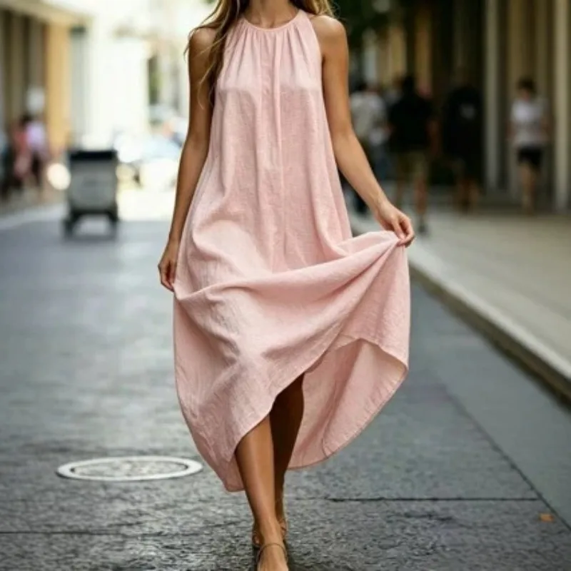 Women Loose Halter Sleeveless Linen Dress Irregular Hem Pocket Maxi Dress Daily Vacation Casual Wear