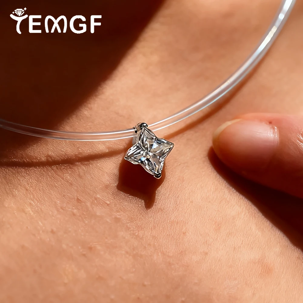 

TEMGF Transparent Fishing Line Necklace for Women 6.5mm/8mm/9mm Zircon/Moissanite Pendant 925 Silver Shiny Party Neck Jewelry
