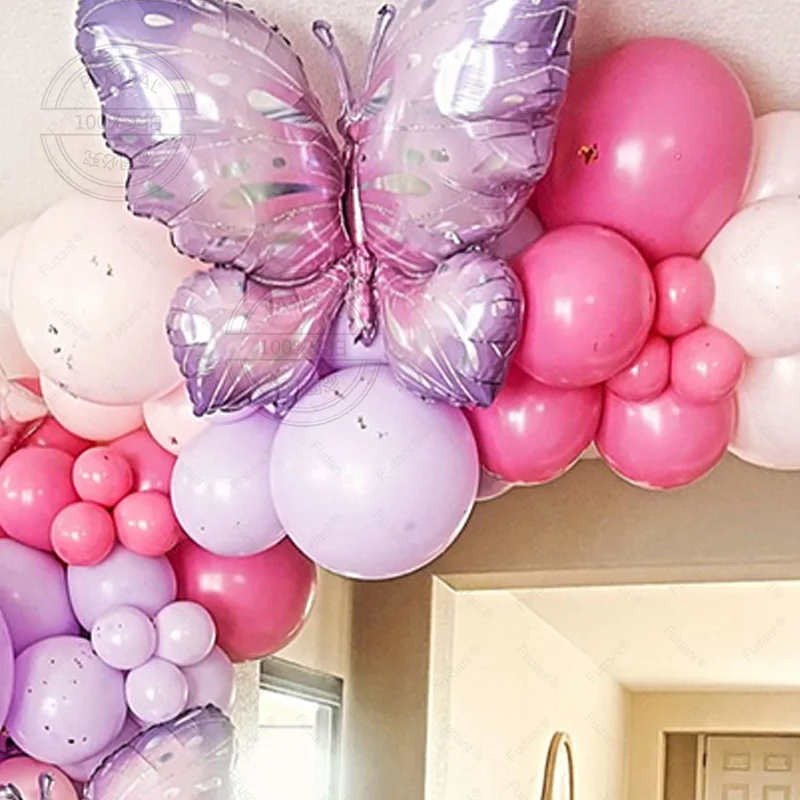 83pcs Pink Purple Macaron Latex Balloons Garland Arch Kit with 3D Purple Butterfly Stars Foil Balloon for Wedding Birthday Decor