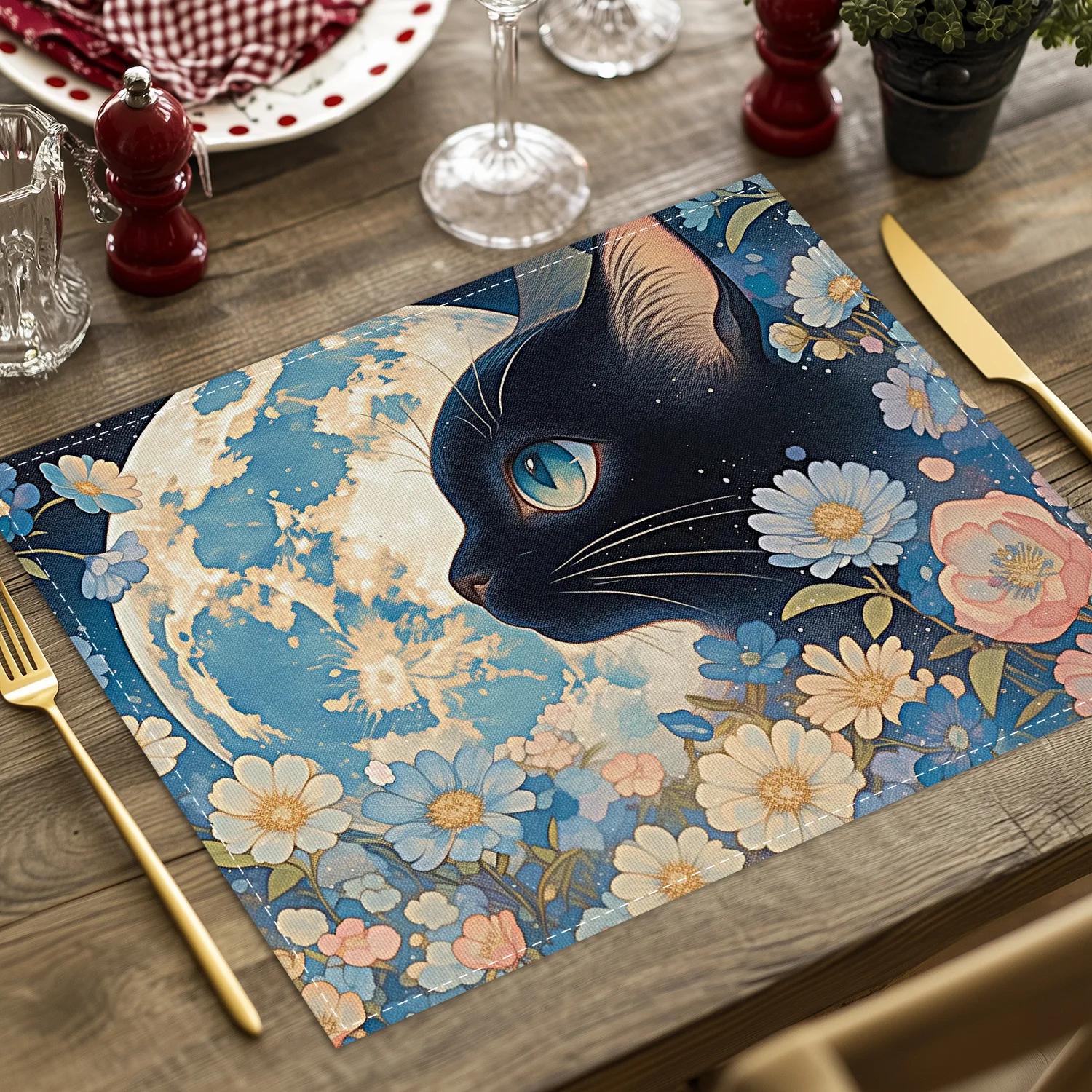 VIKAMA Black Cat Moon Flower Placemat Linen Heat Resistant Dining Table Mat for Kitchen Kawaii Home Decor