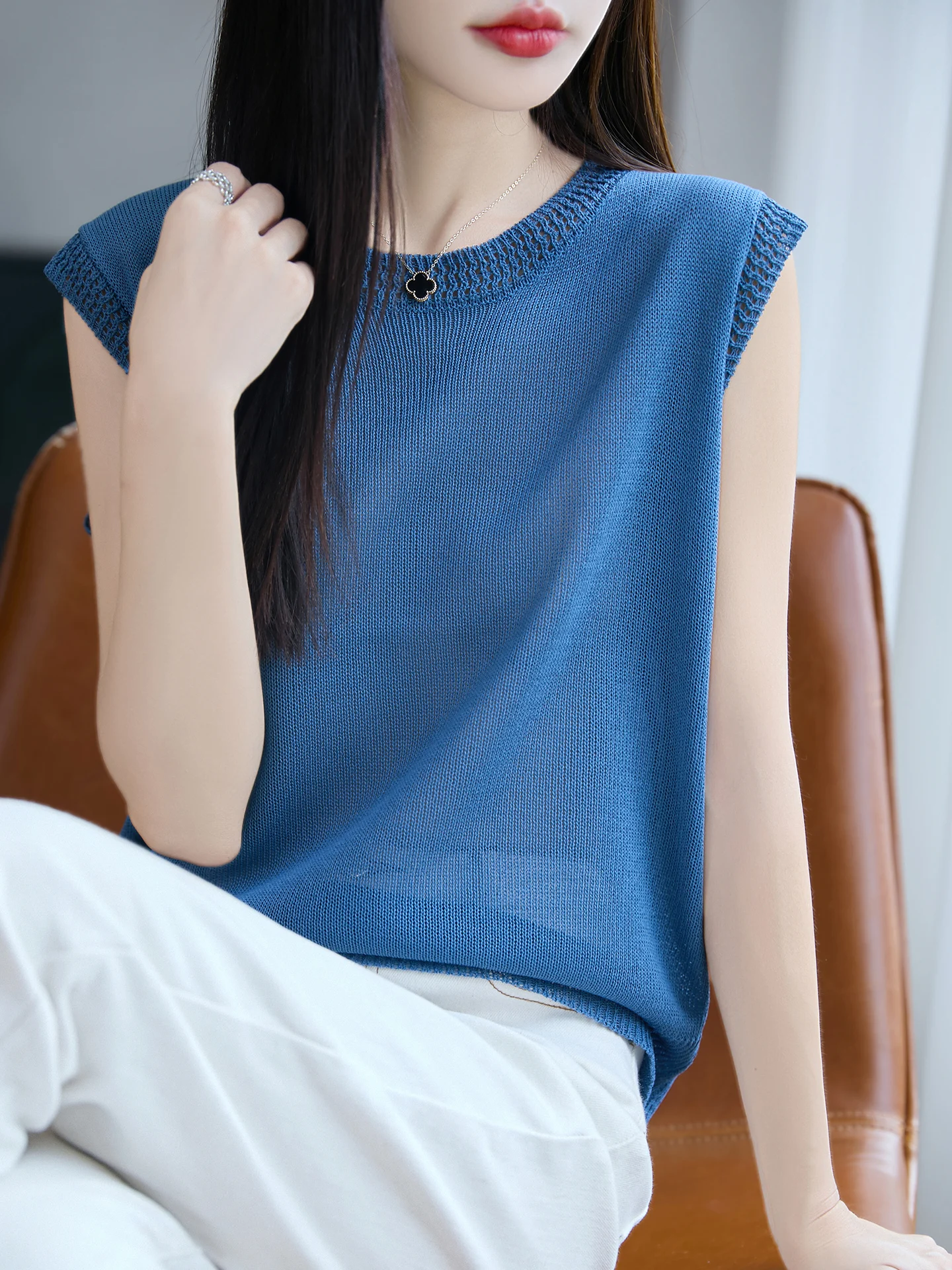 

Жемчужный льняной жилет, круглый жилет Ne, женская простая крутая многослойная внутренняя одежда, свободная цветная футболка