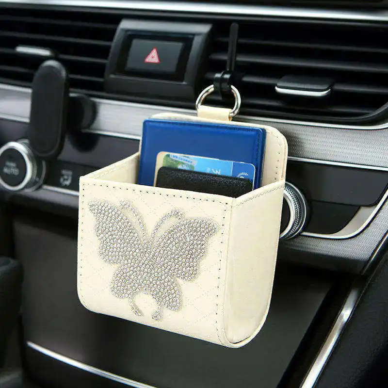 Bling Butterfly Car Storage Bag Car Air Outlet Debris Bag Organizer Mobile Phone Key Sunglasses Vent Tidy Hanging Storage Box