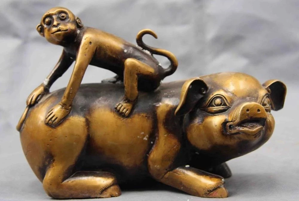 Chinese Folk exquisite Copper Bronze Fu Monkey ride Wealth pig Art Statue