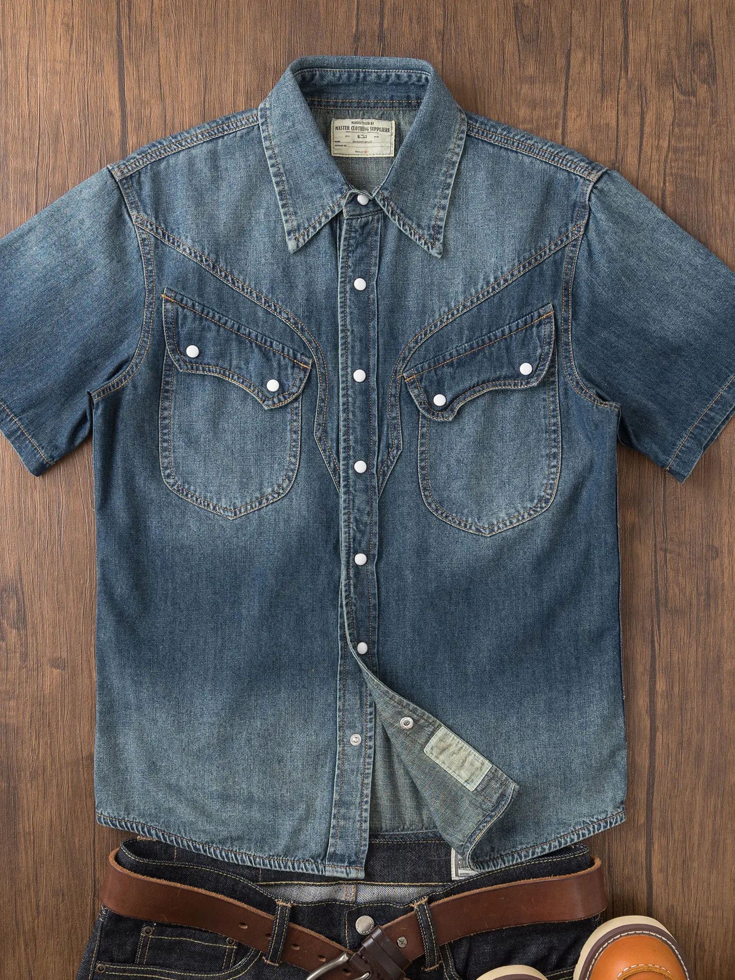 

Summer New American Retro Short-sleeved Lapel Denim Cargo Shirt Men's Amekaji 100% Cotton Washed Distressed Pocket Casual Tops