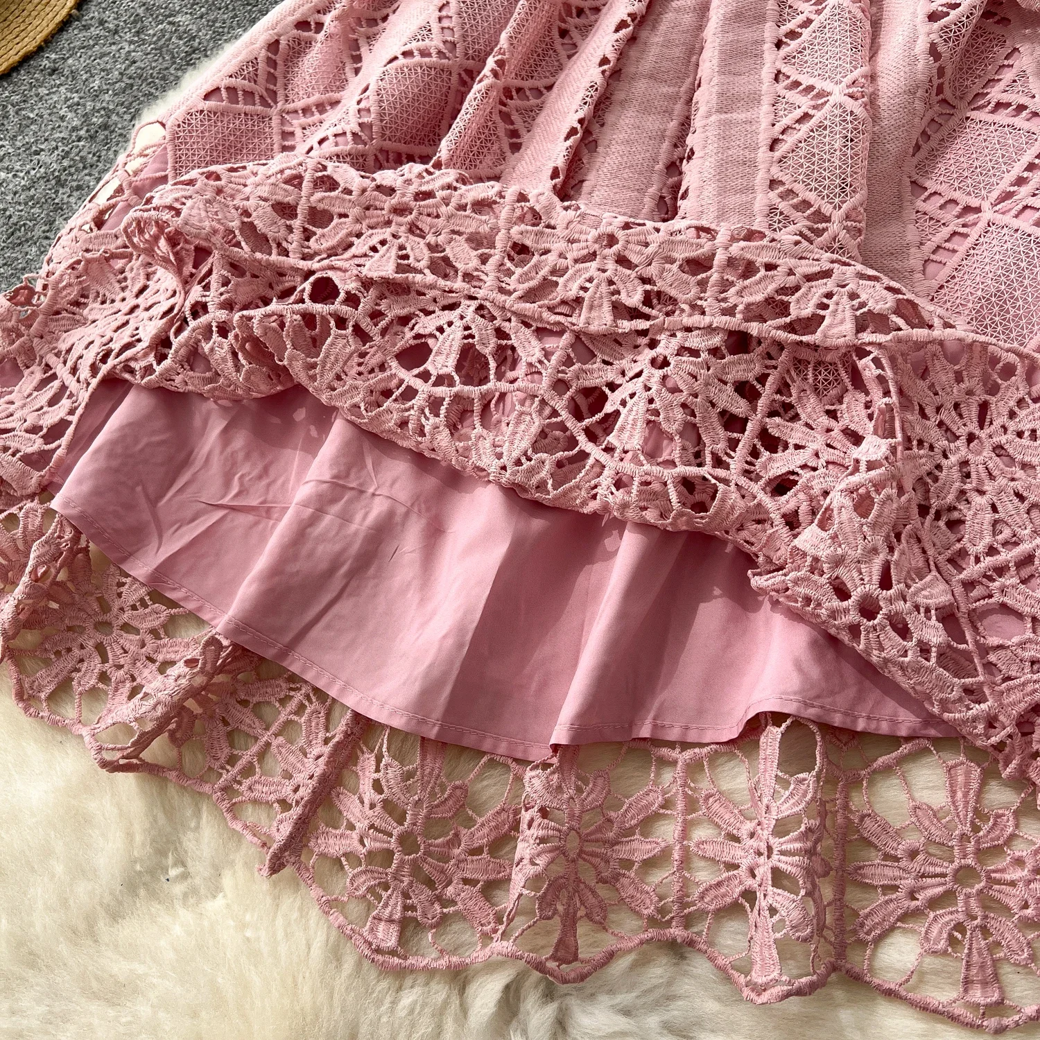 French Elegant O Neck Lace Hook Flower Hollow Dress A-line Long  Sleeve Casual High Waist Vestidos Women Autumn Spring Clothing