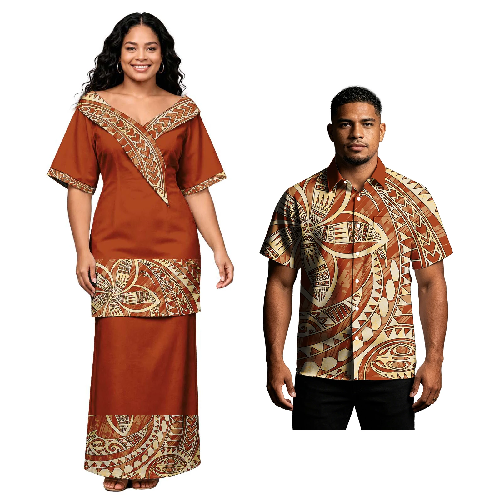 Conjuntos de Pareja con Estampado Tropical Hawaiano para Fiestas, Camisas de Botones Polinesias para Hombre, Diseño Tribal para Mujer, Puletasi Samoano para Iglesia