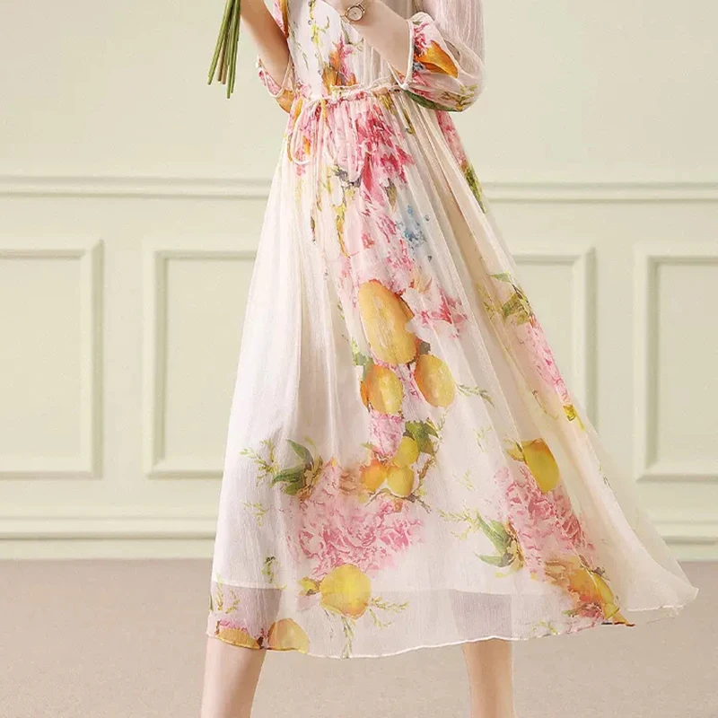 Summer Lady Dress Floral Printing Chiffon V-Neck Dresses Elegant Office Woman Skirt Temperament Casual A-line Long Skirt