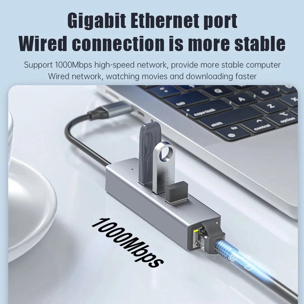 

4-in-2 USB HUB Type C HUB with Wired Gigabit Ethernet Port USB 3.0 HUB 5Gbps Data Transmission USB Adapter OTG for PC Laptop