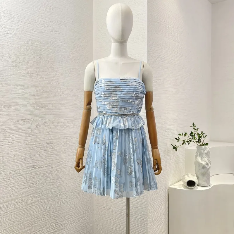 Women's Blue Sleeveless Sling Ruched Tube High Quality Elegant New Fahsion Style Mini Dresses for Party 2024