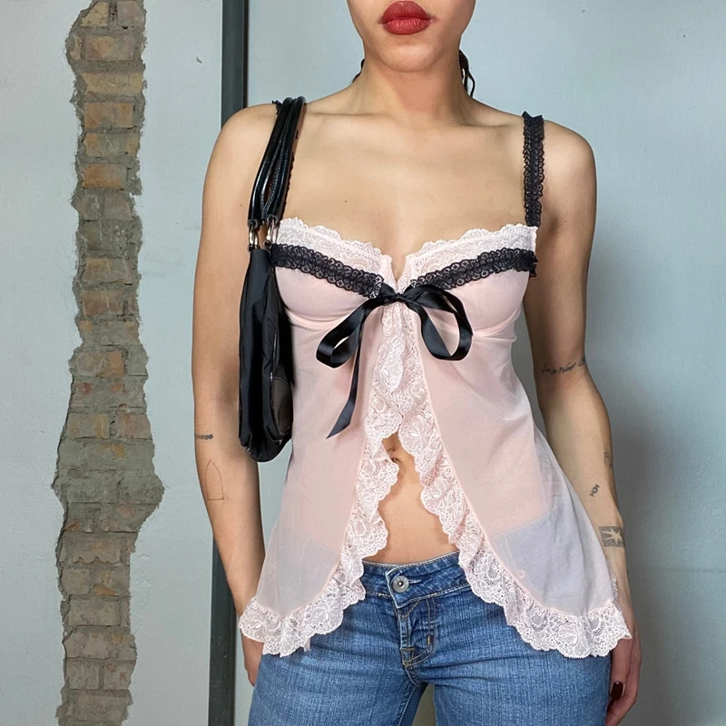 

Fairycore Y2K Lace Trim Split Camisole 2000s Retro Cute Front Tie Bow Mesh Crop Tops Sweet Girl Vintage Backless Vest Clothes