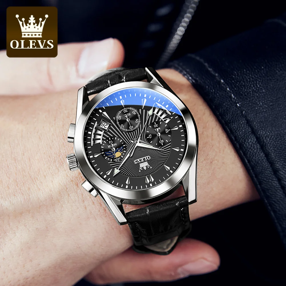 OLEVS 2876 Genuine Leather Strap Quartz Watcges for Men Waterproof Chronograph Moon Phase Auto Date Luxury Top Men\'s Wrist Clock