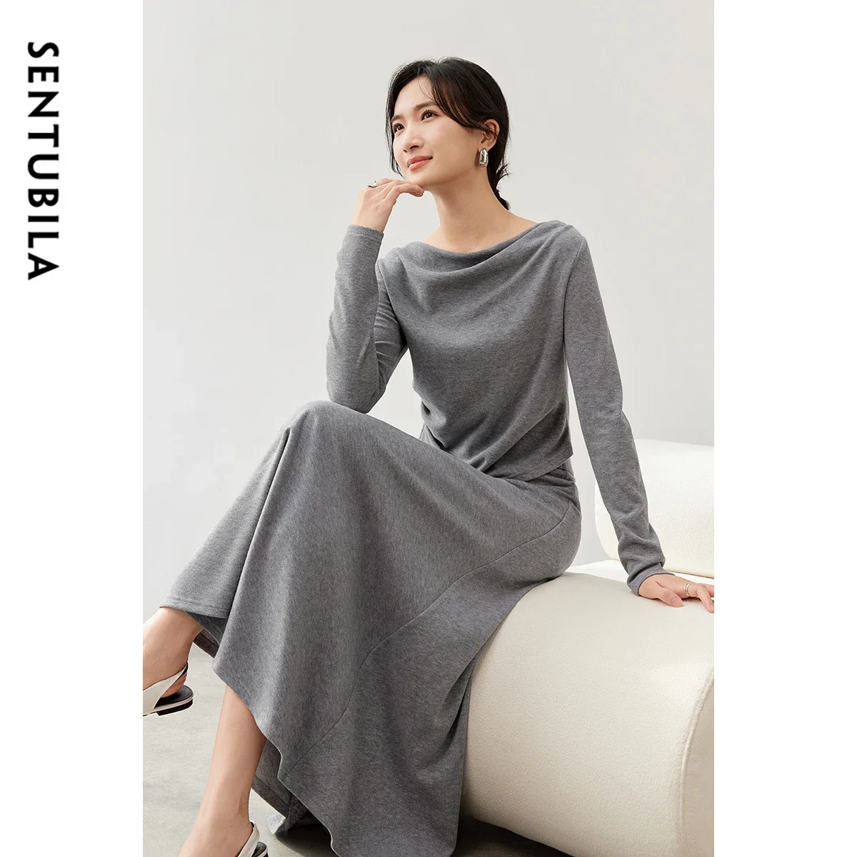 SENTUBILA Women Knitted Skirt Set 2024 Autumn Vacation Outfits Grey Knit Tops Elastic Waist Long Skirts 2 Piece Sets 143Z57031