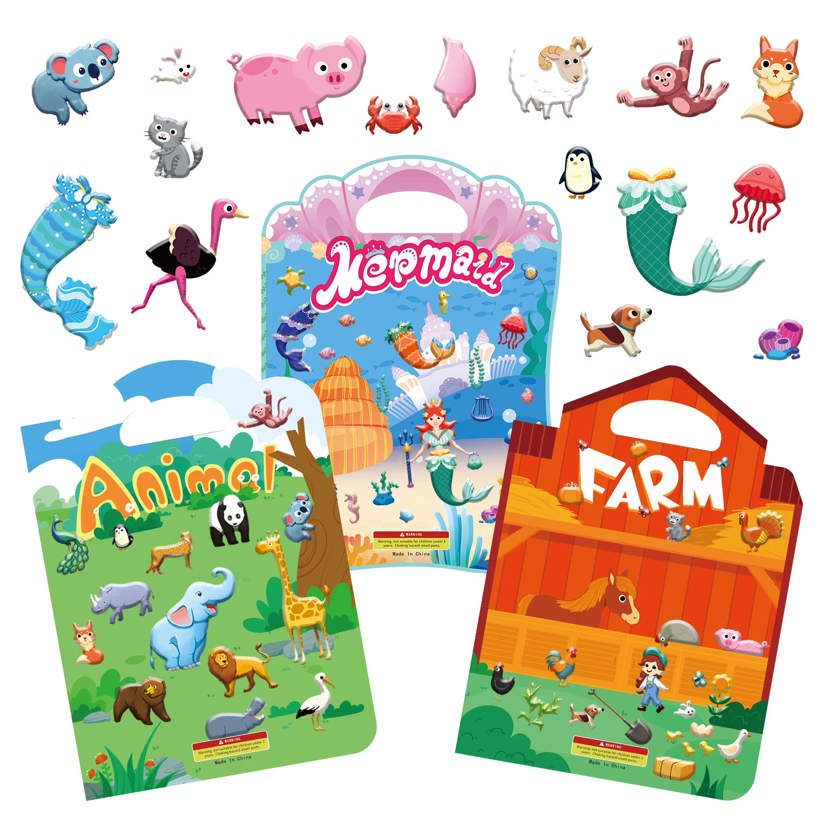 1Set Puffy Removable Sticker Book -2 Fold-Out Scenes - Farm Animals Mermaid Princess Girl,Party Favor Gift,Road Plane Travel Toy