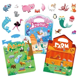 1Set Puffy Removable Sticker Book -2 Fold-Out Scenes - Farm Animals Mermaid Princess Girl,Party Favor Gift,Road Plane Travel Toy