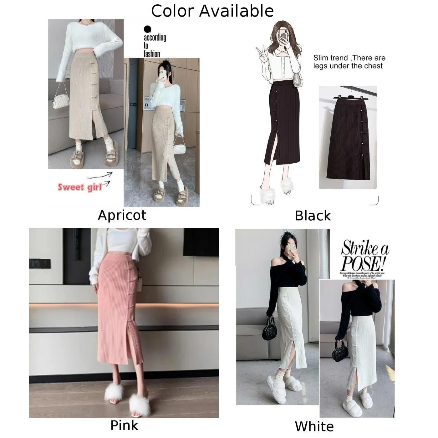 Slanke gebreide A-lijnrok voor dames uit 2025 met retro-designelementen, inclusief een stijlvolle gesp en functionele split