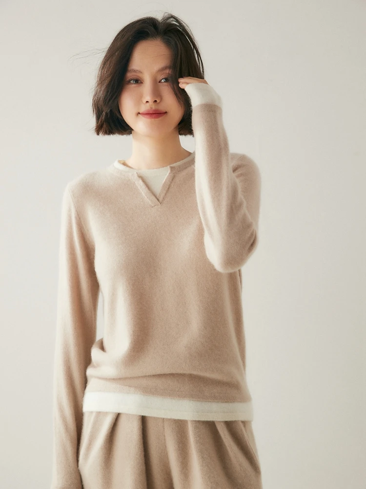 New Women's 100% Cashmere Sweater Autumn Winter Fake 2 Pieces Pullover Casual Soft Cashmere Knitwear Quality Jumpers All Matched