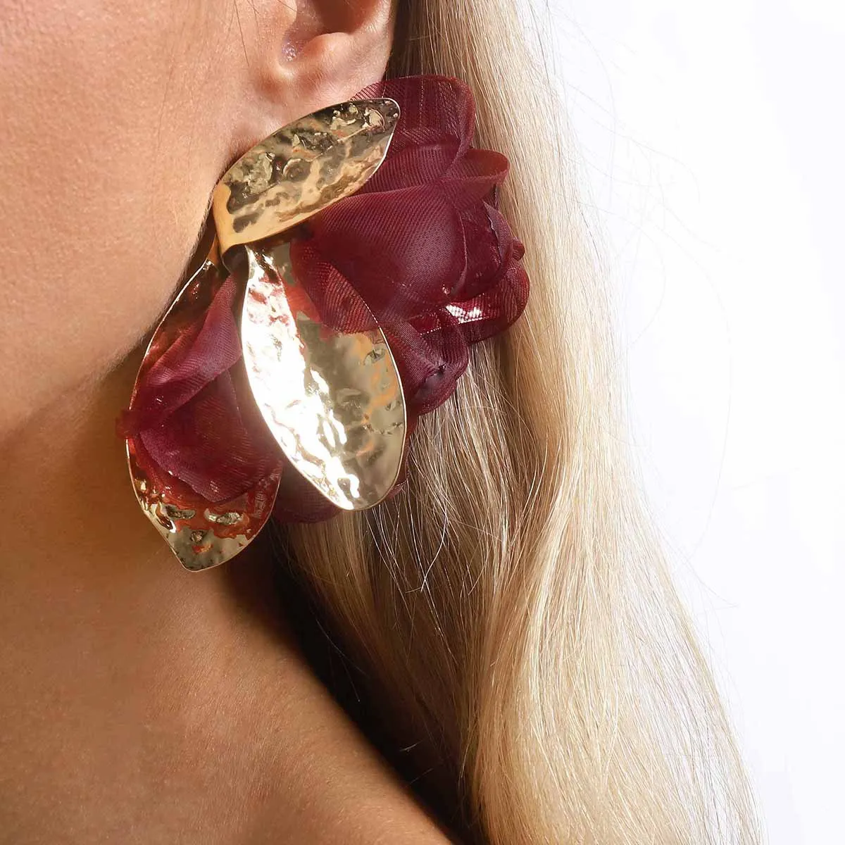 Dramatic Burgundy Layered Ruffle Flower Metallic Petal Accent Oversized Earring Trendy Retro Party Club Evening Wear Jewelry