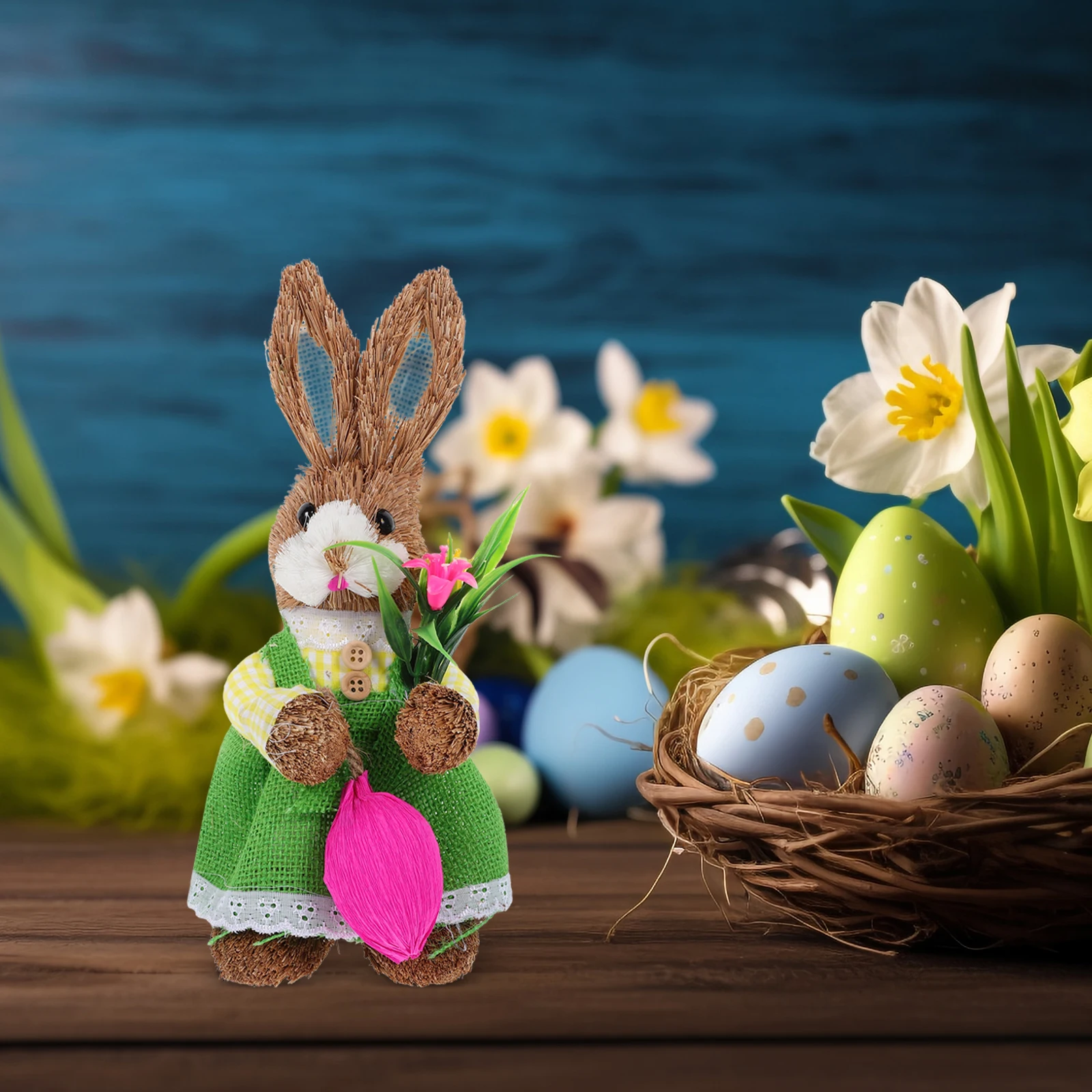 

Straw Woven Rabbit 26CM Green Mini Bunny Figurine Easter Decor Desktop Ornament Handmade Small Rabbit Model Home Adorn