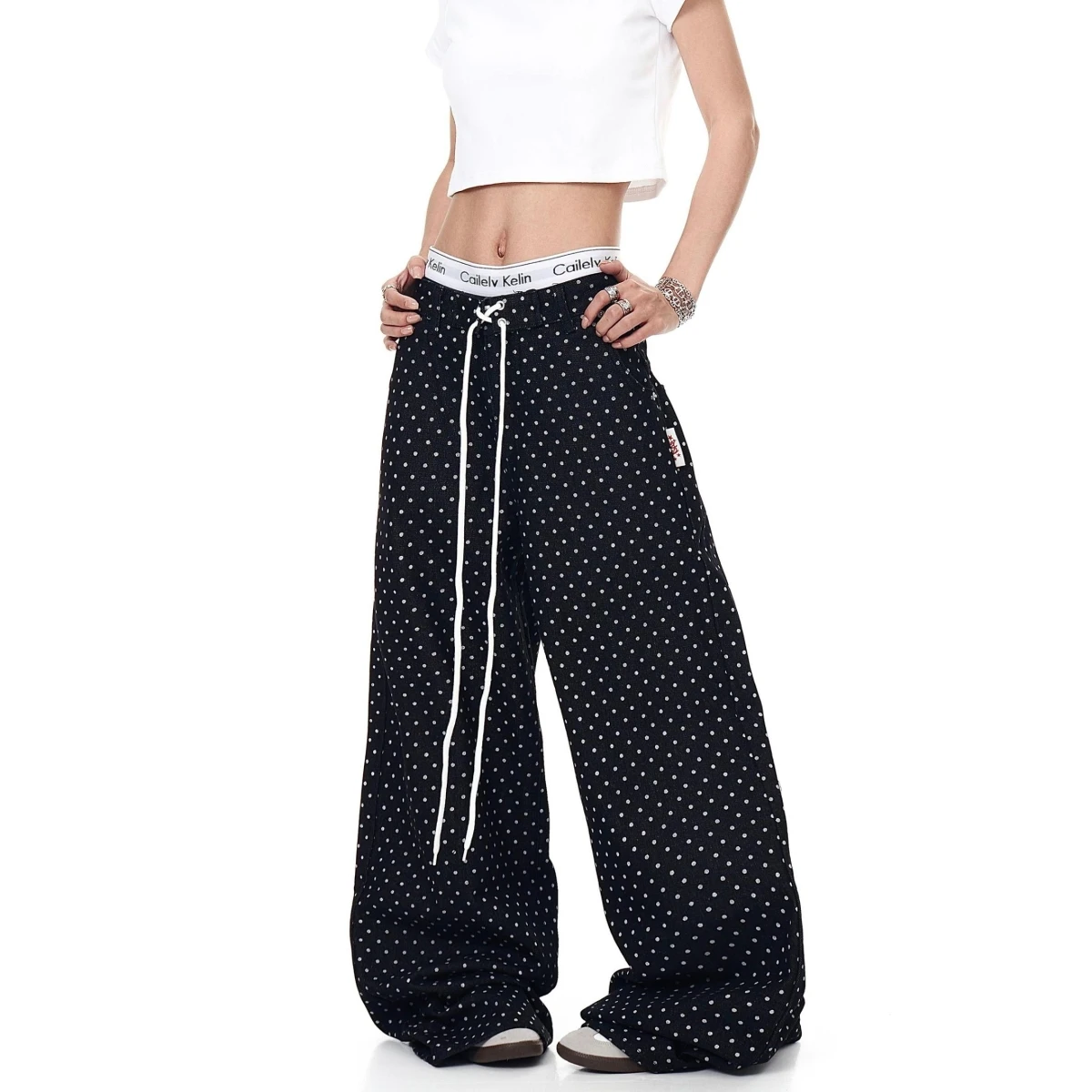 

Blacklit American Retro Polka Dot Design Drawstring Loose Straight Leg Jeans Unisex High Waist Wide Leg Pants