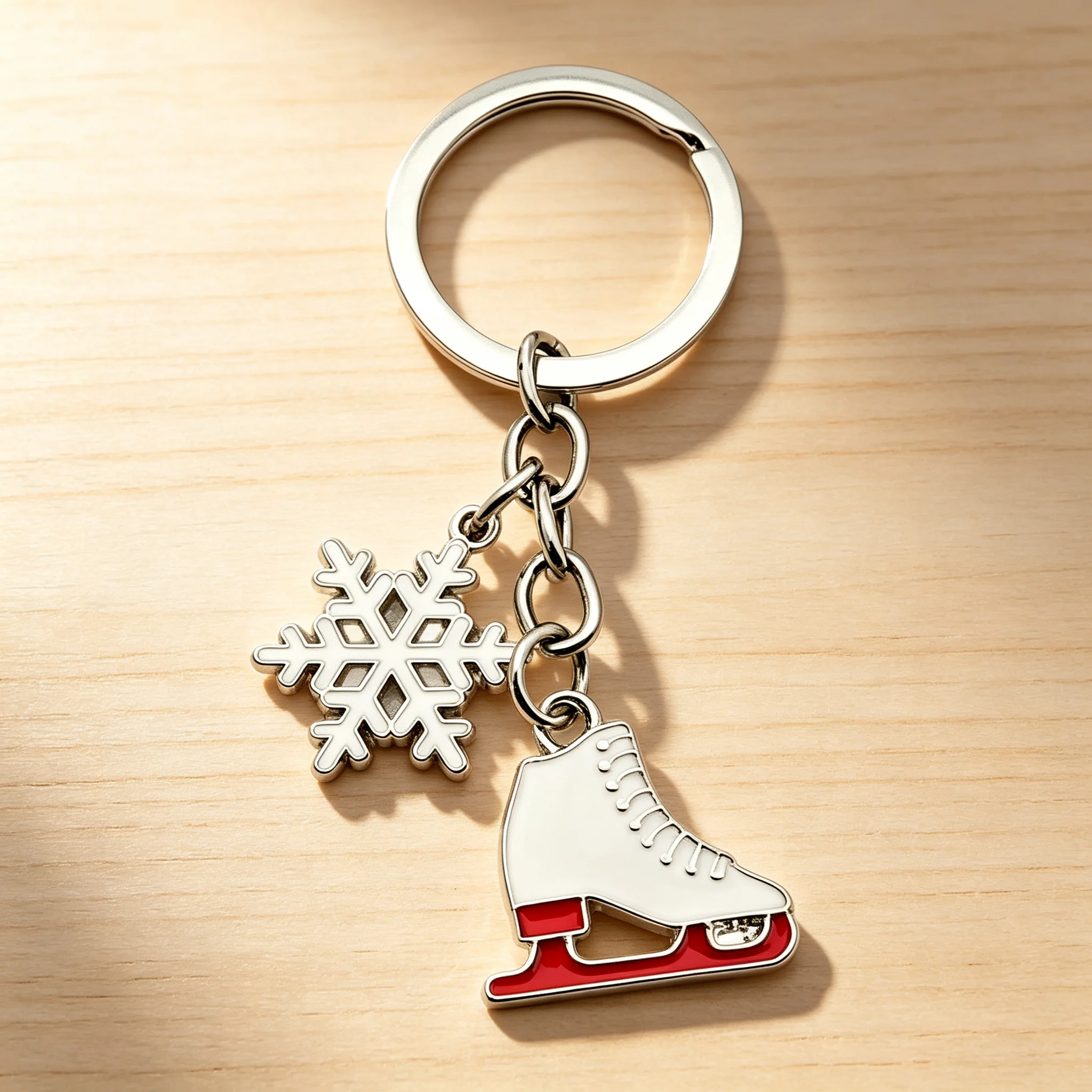 Schlüsselanhänger Eisschlittschuh & Schneeflocke Legierung Weiß Rot Emaille Niedlicher Winter-Taschenanhänger Weihnachtsgeschenk Damen Sport-Urlaubszubehör – Detail 3