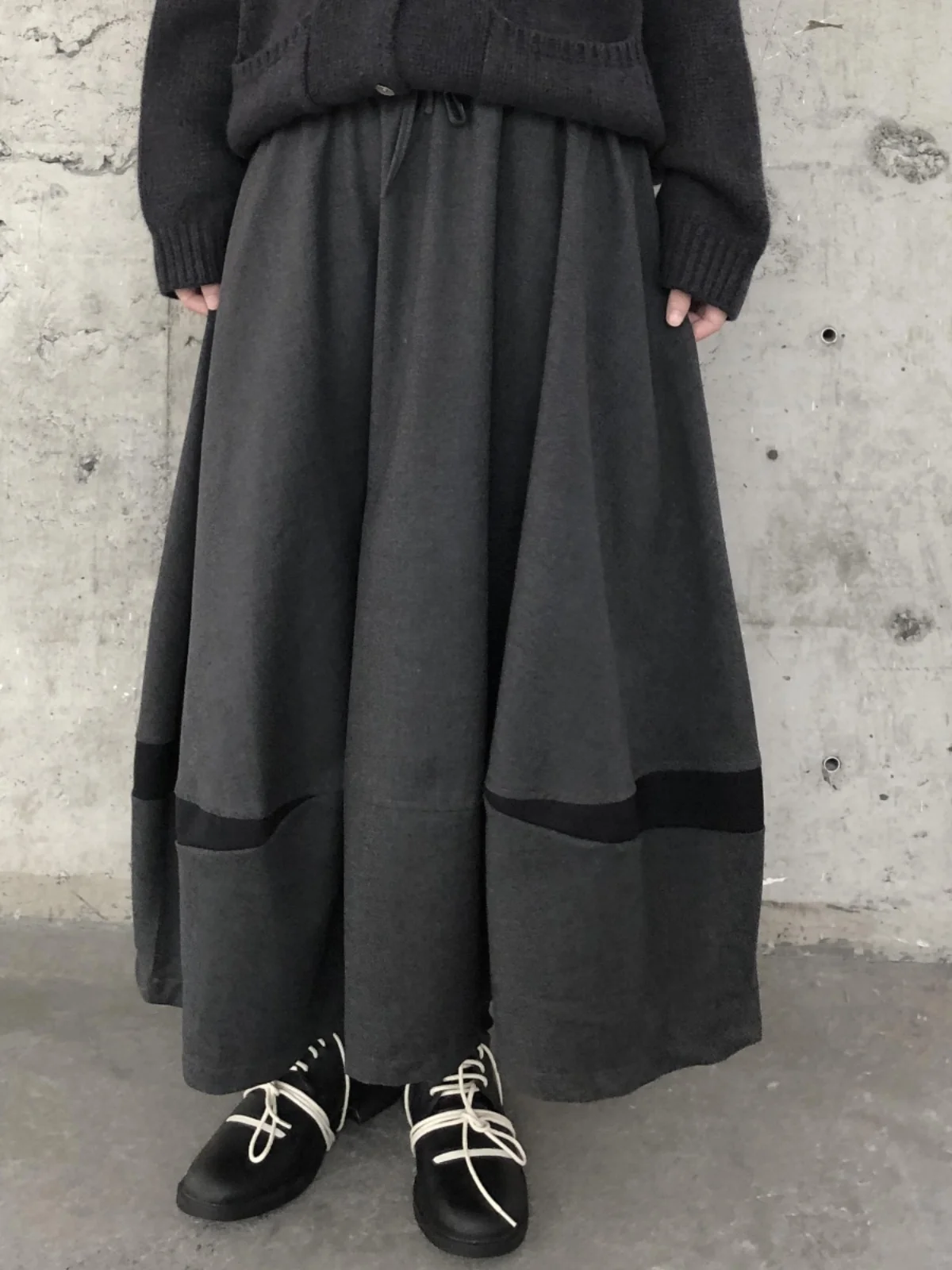 Dark Style Autumn Winter Color Block Woolen A-Line Skirt Women's Elastic Waist Midi Skirt High Waist Polyester Fiber