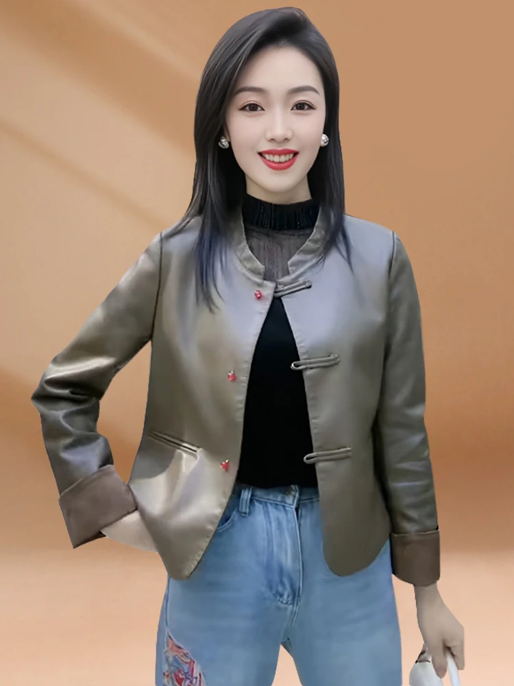 Fashionable Stand Collar Chinese Style Women's Jacket 2026 Spring New Arrival PU Leather Coat with Button Details Versatile O...