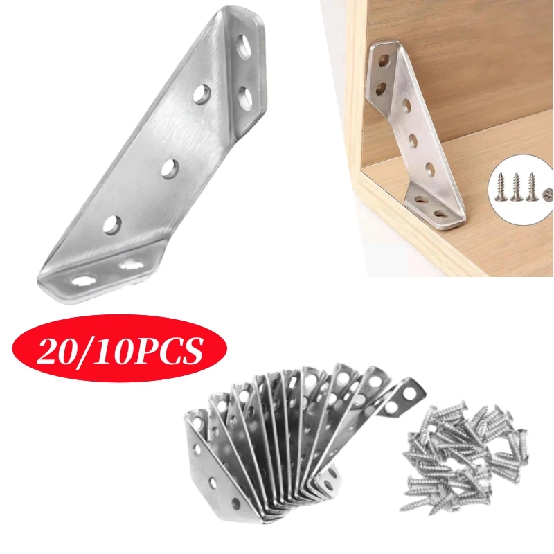 20/10pcs Universal Stainless Steel Corner Brace Universal Furniture Corner Connector Heavy Duty Angle Shelf Brackets for Wood