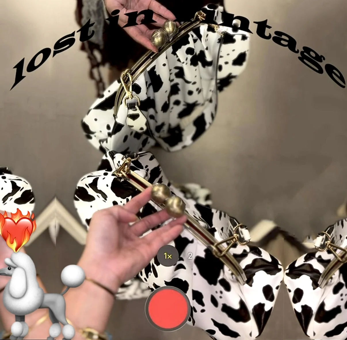 LOST IN VINTAGE Artficial Leather Cow Pattern Fabric Clutch Metal Frame Kiss Lock and Metal Handle Puffy Purse 34x23x11cm Cow
