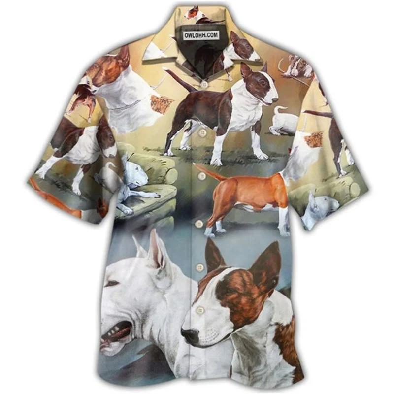 Summer Unisex Bull Terier Dog Pattern Hawaiian Shirts 3D Tropical Fruit Print Beach Shirt Casual Shortsleeve Bull Terrier Shirt