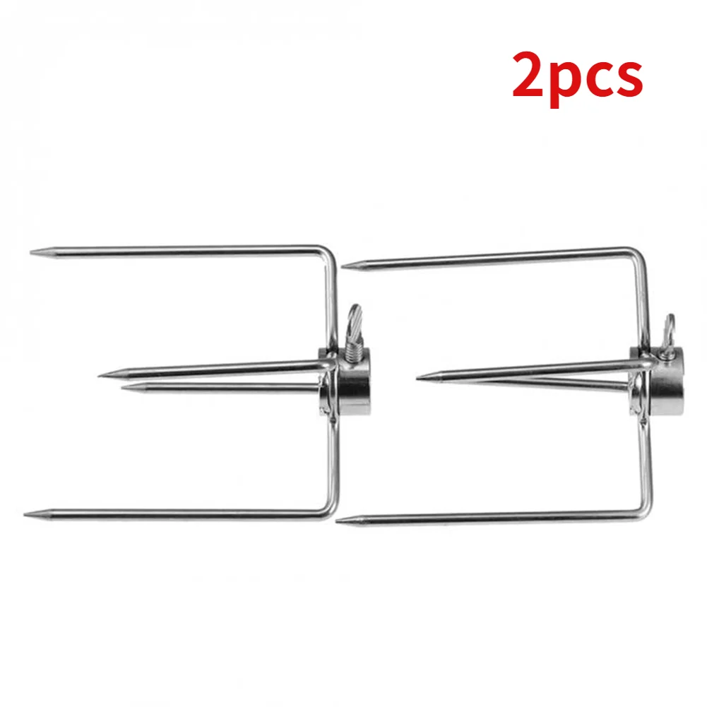 2Pcs 4 Forked Stainless Steel Picnic Charcoal BBQ Fork Grilled Beef Kebab Skewer Chicken Drumstick Turkey Fork Barbecue Roast