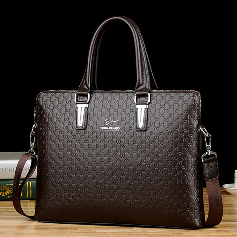 Luxury Leather Men\'s Briefcase Horizontal Handbag Tote Bag Large Capacity Male Shoulder Messenger Business Laptop