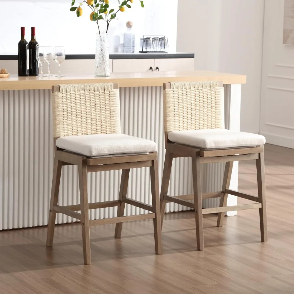 

Woven Counter Stools Set of 2, 27.25 Inches Counter Height Stools with Backs and Wood Legs, Upholstered Linen Kitchen Stool