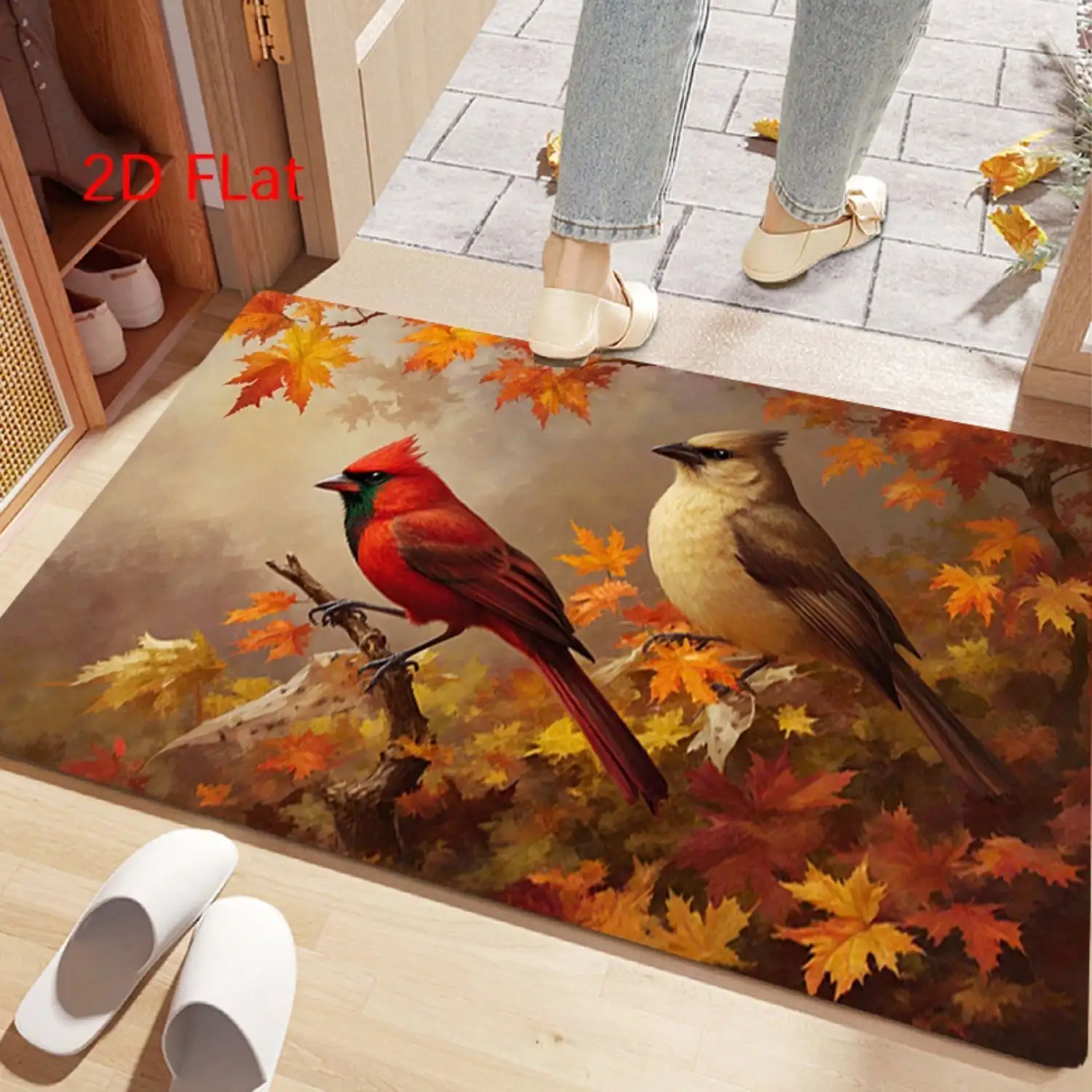 2D Flat Red Bird And Leaf Pattern Printed Doormat, Soft And Comfortable Flannel Floor Mat, Indoor/Outdoor Entrance Door Mat, Entryway Rug, Suitable For