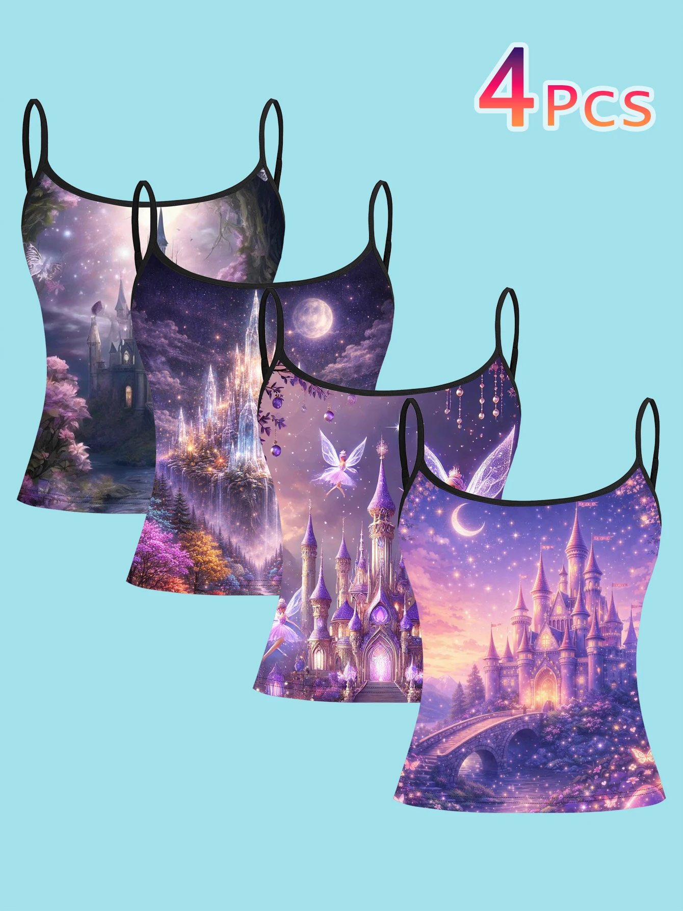 4-Piece Set of Purple Fantasy Starry Sky Castle Camisole Set with Moonlight Fairy Castle Pattern, Women's Slim-Fit Base Tank Top