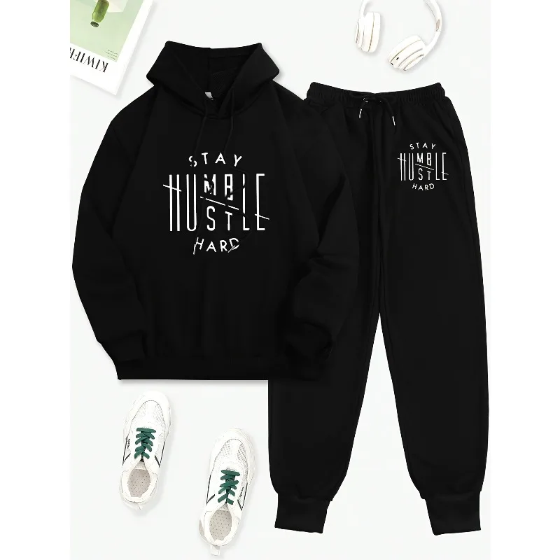 طقم هوديي وسراويل رياضية برباط وأكمام طويلة مكونة من قطعتين مطبوعة بحروف ثلاثية الأبعاد لعام 2025 للاستخدام المنزلي غير الرسمي