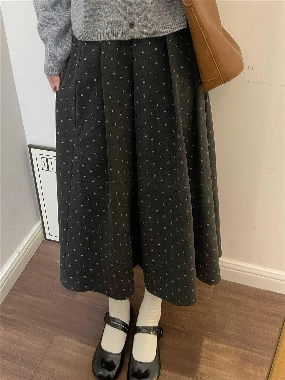 Thickened Woolen Plaid A-Line Skirt Dark Grey Women's Autumn Winter Floral Long Skirts Casual Style mid Waist PVC Fabric